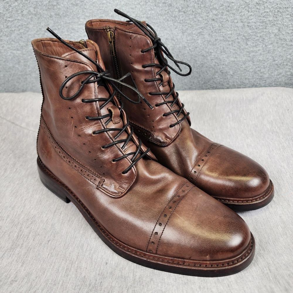 Frye Mens Leather Boots Cap Toe Lace Up Side Zip Size 11 Brown
